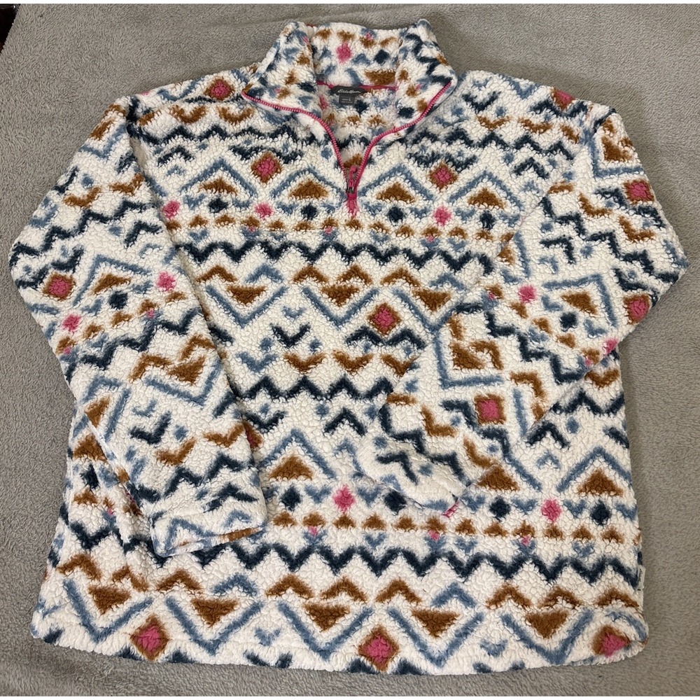 Eddie Bauer Women Midweight Plush Faux Fur 1/4 Zip Fleece Pullover Aztec Large